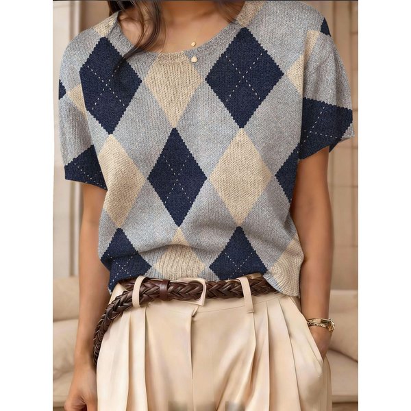 2026 Retro Sweter Top Z KróTkim RęKawem W Bloki Kolorystyczne Z Dzianiny ŻAkardowej Z OkrąGłYm Dekoltem Medium-image