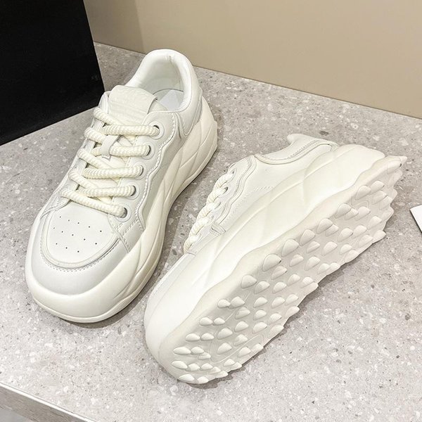 Zapatos De Pan De Cuero De Suela Gruesa Nuevos Zapatos Coreanos Deportivos Y Casuales VersáTiles Con Altura Aumentada Y Cabeza Grande Zapatos Blancos PequeñOs Para Mujer 40 White-image