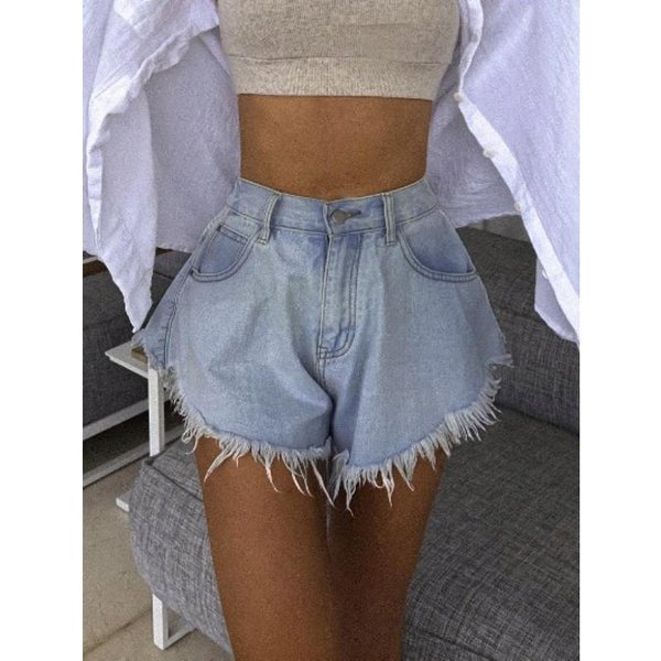 Damskie Spodenki Jeansowe Z FręDzlami Wysoki Stan Letnie Elastyczne Szorty Jean XL Niebieski-image
