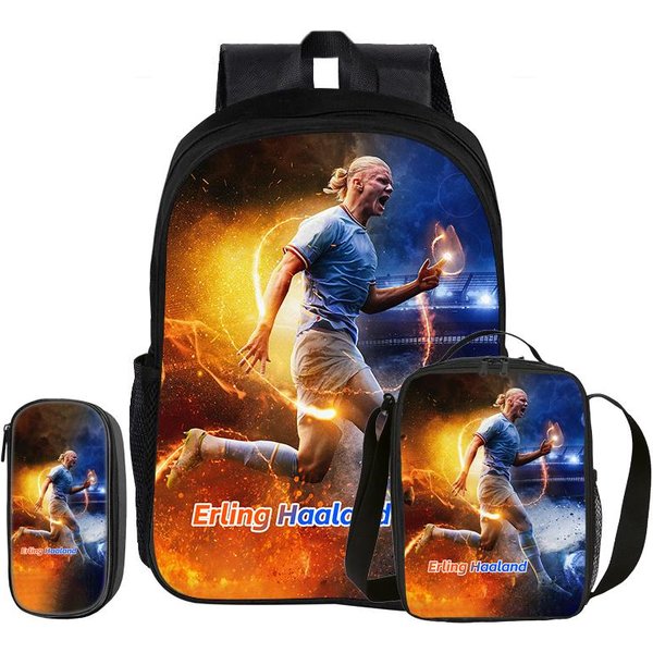 Haaland Juego De 3 Piezas Mochila Escolar Estrella Del FúTbol NiñO Rucksack Bolsas Para LáPices Mochila Escolar Con Bolsa Para El Almuerzo Mochila Deportiva Regalo Para NiñOs Blue-image