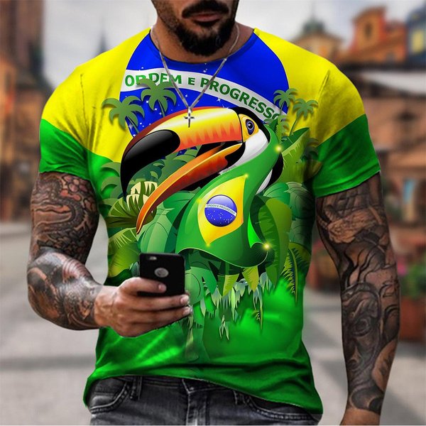MęSka Modna Koszulka Z Brazylii Harajuku MęSka Flaga Brazylii Druk 3D LuźNa Koszulka Sportowa LuźNa Koszulka Z KróTkim RęKawem Birl L Yellow-image