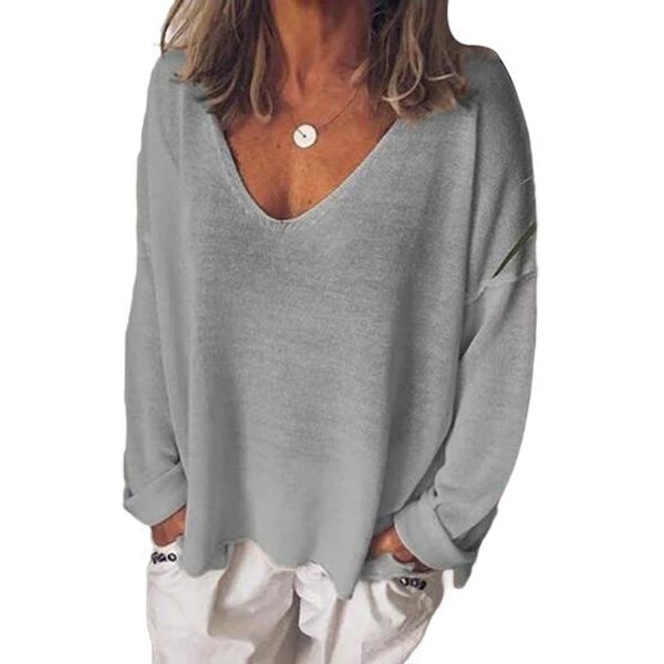 Camiseta De Mujer Con Cuello En V, Manga Larga, Holgada, Color Liso, Transpirable, Informal M Gray-image