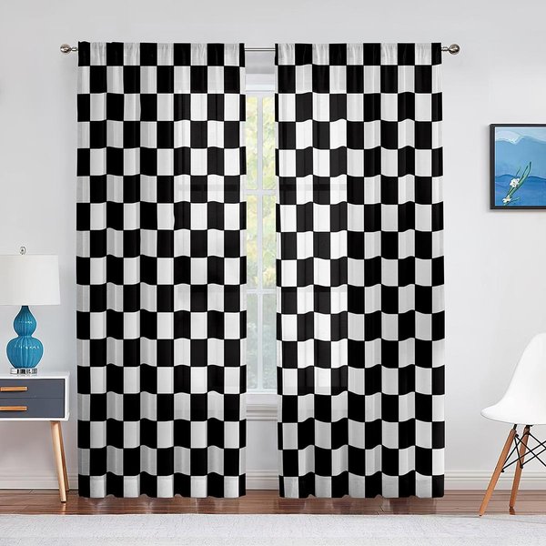 Cortina Voile Transparente A Cuadros Blancos Y Negros Para Decoraciones De Sala De Estar, Dormitorio, Cocina, Bandera De Coche De Carreras, Cortinas De Tul Para Ventana W65X60H(Cm)X2Pcs&Grommet Top-image