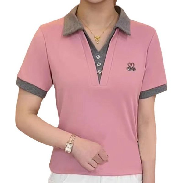Nowy Letni Damski T-Shirt Z KróTkim RęKawem Temperament Koszula Z Kontrastami Dla Kobiet Casualowy I Wszechstronny Dopasowany Top Dla Kobiet 4XL Pink-image