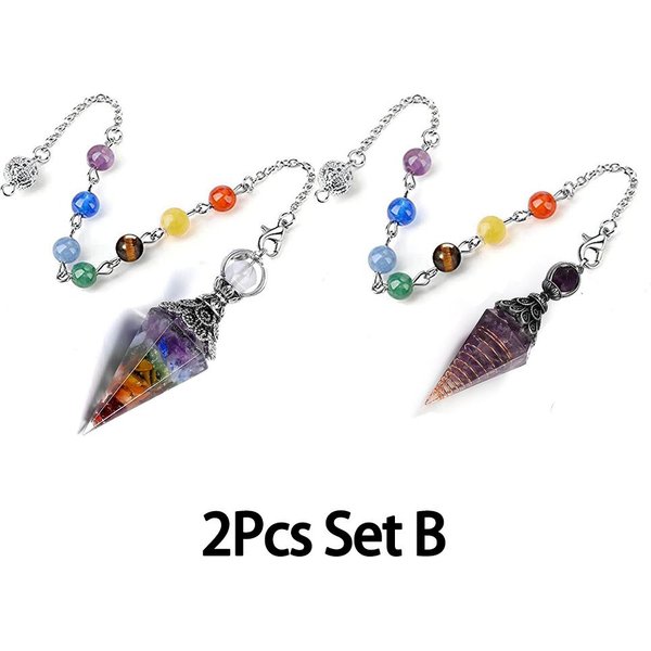 PéNdulo De Radiestesia De Cristal Curativo De 7 Chakras Naturales, Chips De Reiki, Colgante Espiritual De OrgóN Para AdivinacióN, Wicca, Equilibrio De EnergíA Setb_2Pcs-image