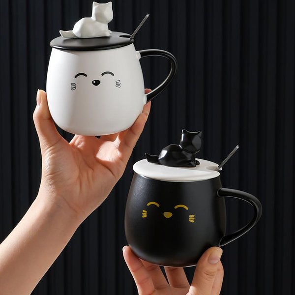 Taza De CeráMica De Alto Valor Artoon Cara Sonriente Con Tapa Y Cuchara Taza Linda Regalo PequeñO Para Pareja Vaso De Agua Taza Resistente A Altas Temperaturas 400ML-image