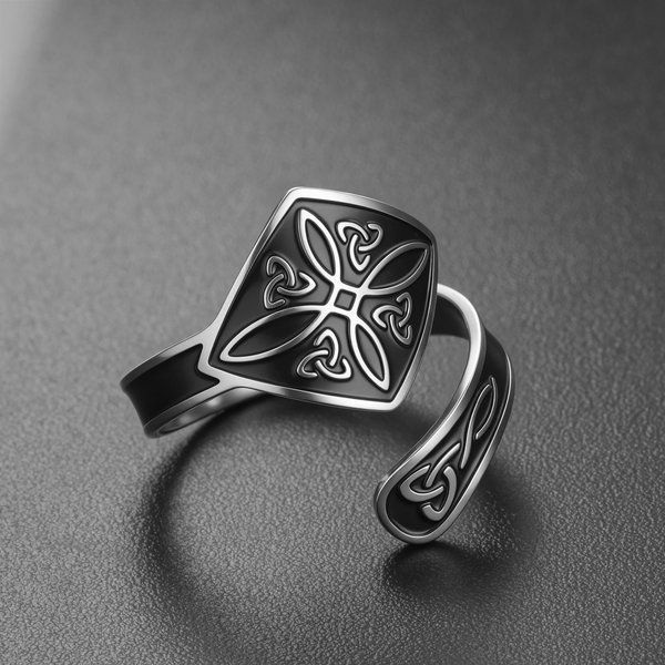 Likgreat WęZeł Czarownicy Regulowany Otwarty PierśCionek Stal Nierdzewna Czarna Emalia Celtycki Amulet Ochronny WiccańSki PogańSki Czarodziejski BiżUteria Prezent Resizable-image