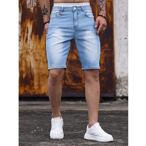 Pantalones Cortos De Mezclilla EláSticos Nuevos Para Hombres De Estilo Europeo Y Americano XL Azul Claro-image