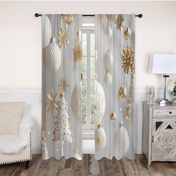 Cortinas De Navidad Blanco Dorado DecoracióN 2 Paneles Estampado 3D DecoracióN Festiva Dormitorio Sala De Estar Adornos De Copos De Nieve Elegante Acogedor 50W60H(Cm)X2Pcs&Rod Pocket-image