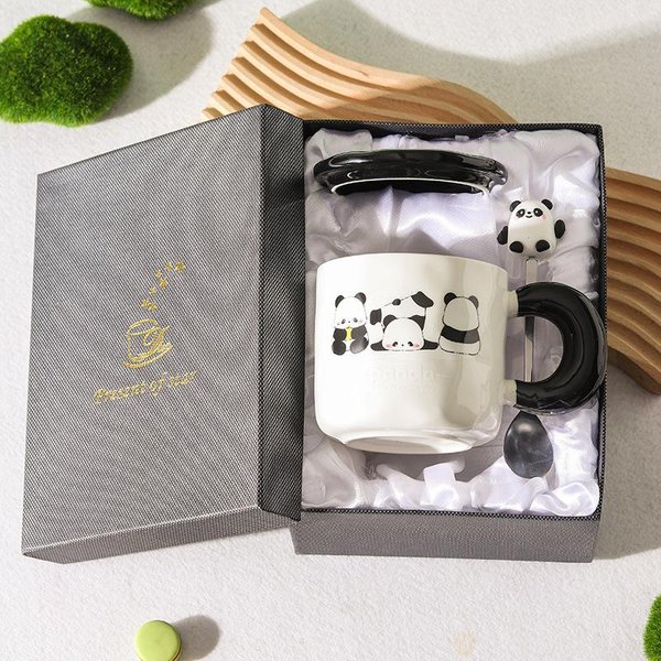 Wysokiej JakośCi Kubek Panda DużEj PojemnośCi Ceramiczny Kubek Z Pokrywką ŁYżEczką Dla Pary Do Domu Do Picia Wody Kubek Do Kawy Dla Dziewczyn 401-500Ml-image
