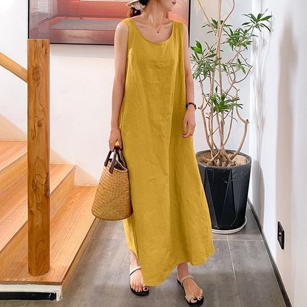 Vestido Largo De Lino Y AlgodóN Con Tirantes Y Tirantes De Verano, Vestidos Sin Mangas Con Cuello Redondo Y Bolsillos Sueltos Para Mujer XL Amarillo-image