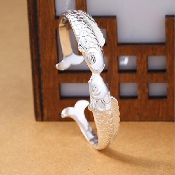 Nueva Exquisita Linda JoyeríA De Plata 925 Para Peces No AléRgica Pulseras Piscis Doble Pez ÉTnico Retro Brazaletes SL006 Plata-image