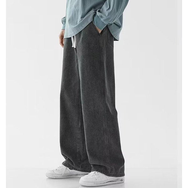 MęSkie Modne Jednokolorowe Jeansy Z Drappingiem LuźNe Proste Vintage High Street Hip-Hop Y2K Codzienne LuźNe Szerokie Spodnie L Szary-image
