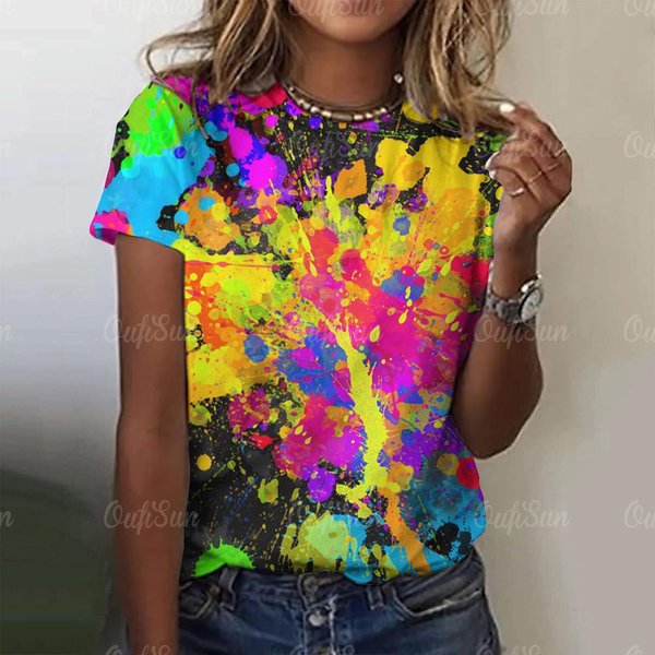 Camiseta De Mujer Con Grafiti Colorido De Verano, Cuello Redondo, Manga Corta Casual, Holgada, Moda, Jersey, Ropa De Calle Para Mujer Para El DíA A DíA 3XL Yellow-image