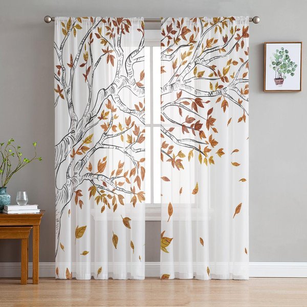 Ramas Verdes Hojas De Planta ÁRbol Tul Cortinas Transparentes Para DecoracióN De Sala De Estar Cortina De Ventana Para Dormitorio Cortinas De Voile Organza W135 X H115Cm X1&Grommet Top-image