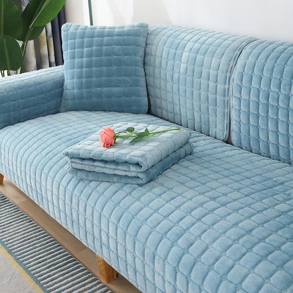 Jednolity Kolor AntypośLizgowa Narzuta Na Sofę ZagęśCić MięKka Pluszowa Poduszka Na Sofę RęCznik Na Meble Do Salonu WystróJ Narzuty Pokrowce Na Kanapę 90X90Cm 1Pcs Jasny Kolor Niebieski-image