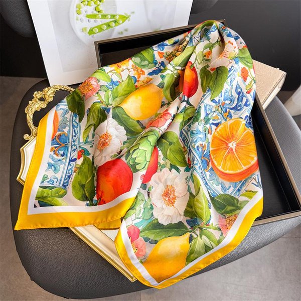 Modne Drukowane Jedwabne Opaski Do WłOsóW Letni Cytrynowy Szalik Damskie Nowe Eleganckie Bandany Chustki Na Szyję Opaski Na GłOwę Foulard Damskie Szaliki 70X70Cm Yellow-image