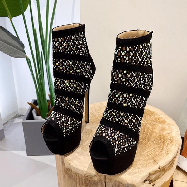 Liyke Wiosna Jesień Hollow Out Rhinestone Mesh Botki Damskie Buty Seksowne Peep Toe Zip Platforma Wysokie Obcasy Pole Dance Botki 35-image