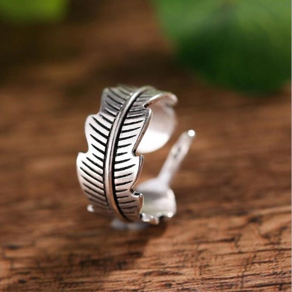 Nueva Moda Retro Personalidad JoyeríA De Plata De Ley 925 AtmóSfera Vintage Pluma Hoja Anillos Abiertos R244-image