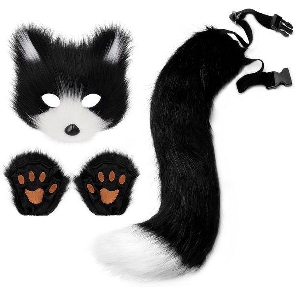 DziewczęTa Kobiety Sztuczne Futro Lis Ogon Kot Wilk Cosplay Zestaw KostiumóW Pluszowa Maska Puszyste RęKawiczki ŁApki Halloween BożE Narodzenie Impreza Common Use Black-image