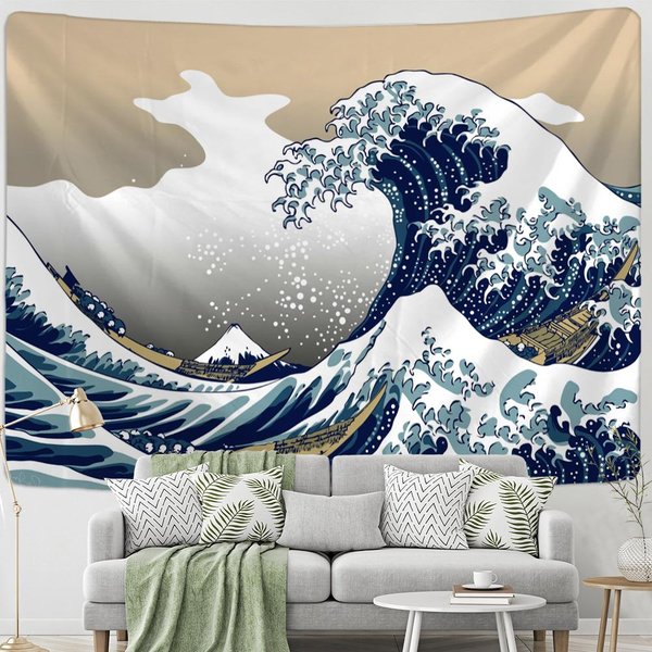 Tapiz De Pintura Al óLeo Kanagawa De JapóN Para Colgar En La Pared, Estilo Hippie, Bohemio, EstéTica Sencilla, DecoracióN Del Hogar. 95X70Cm White-image