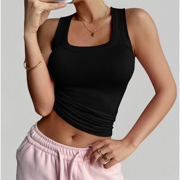 Camiseta De Tirantes BáSica Acanalada De Cuello Cuadrado Sin Mangas Ajustada Para Mujer S Negro-image
