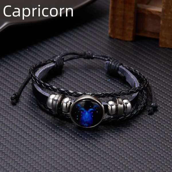 Pulseras Luminosas Con Dijes De Los 12 Signos Del ZodíAco Para Hombres Y Mujeres, Pulseras Y Brazaletes De Cuero Multicapa Vintage, Regalo De CumpleañOs Black-image