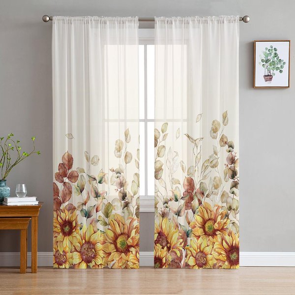 Hojas De Eucalipto Granja Planta OtoñO Voile Cortinas Transparentes Ventana Sala De Estar Cortina De Tul Cocina Dormitorio Cortinas DecoracióN Del Hogar 135W X 114H(Cm) White-image