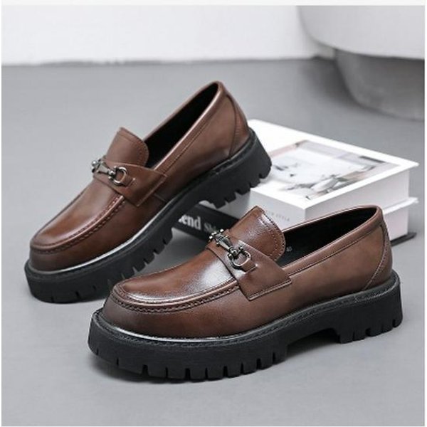 Mocasines De Cuero Para Hombre Y Adolescente, Talla Grande, Punta Ancha - Slip-On Con Suelas Gruesas Para Aumentar La Altura 40 MarróN-image