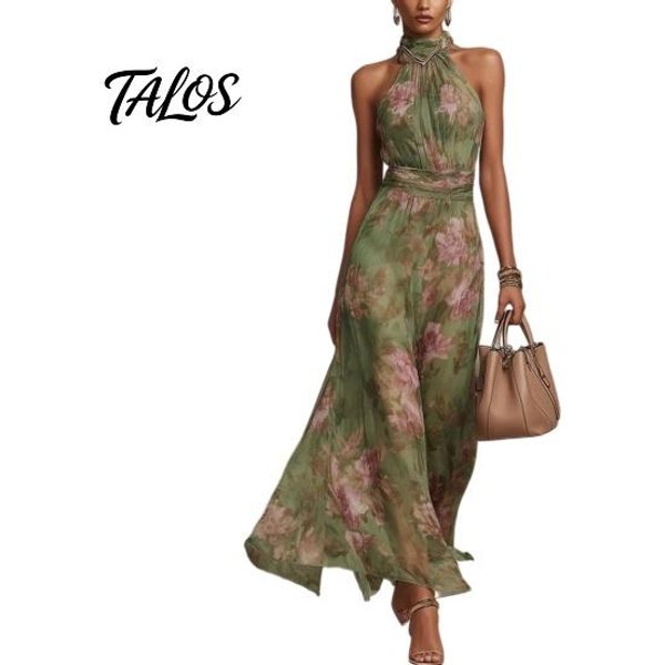 Vestido Largo De Gasa Floral Para Mujer, Sin Mangas, De Cuello Halter Fruncido, Vestido De Noche De CóCtel Para Invitada De Boda Con Cuello Alto XL Verde-image