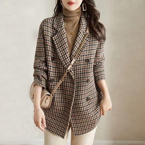 Abrigo De Lana De Pata De Gallo Con Cuello De Traje Para Mujer OtoñO E Invierno Nuevo Sentido De La Moda VersióN Coreana De Lana Holgada Para NiñOs 2XL Gray-image