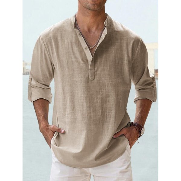 Nowe BawełNiane Lniane Koszule MęSkie Koszule Na Co Dzień Lekkie Z DłUgim RęKawem Henley Koszule PlażOwe Hawajskie T-Shirty Dla MężCzyzn Streetwear Us S 50-60 Kg Khaki-image