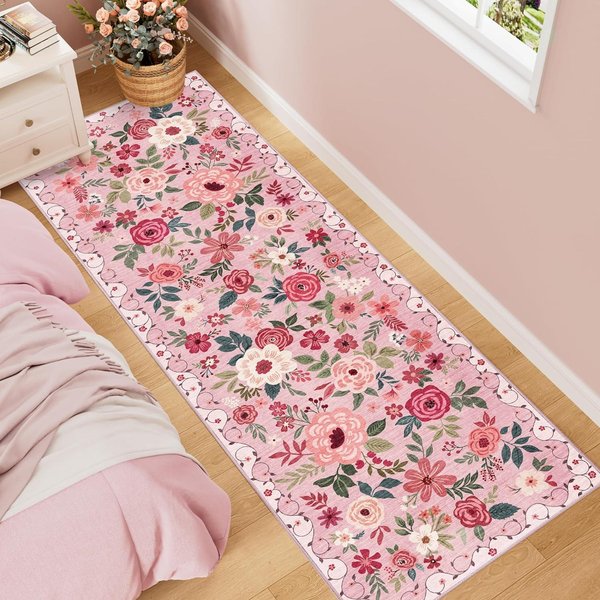 Artystyczny Botaniczny Dywanik Biegacz AntypośLizgowy, Granatowy Kwiatowy RóżAny Dywanik PodłOgowy Zmywalny, Nowoczesny Dekoracyjny Dywanik Do Przedpokoju Pralni 40X120Cm-Felt-image