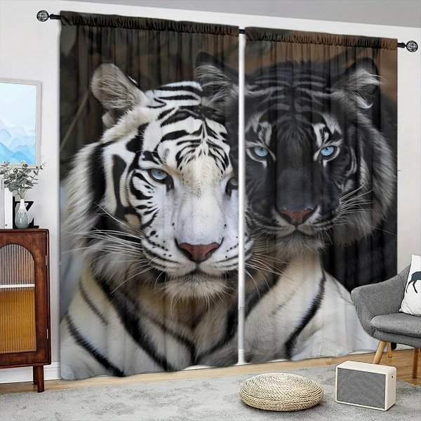 2 Piezas Cortina Estampada Estilo Tigre Blanco Tigre Negro Para DecoracióN Del Hogar - Tratamiento De Ventana Con Bolsillo Para Barra Para Dormitorio, Oficina Y Cocina 52.5Cmx116Cmx2Pcs-image