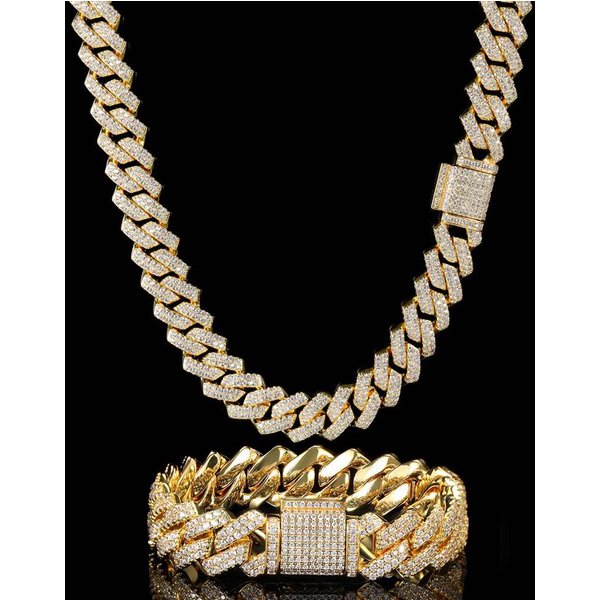 Europejski I AmerykańSki Naszyjnik Hip-Hopowy 14Mm DwurzęDowy Cyrkonowy Diamentowy łAńCuszek KubańSki Street Rap Bar MęSka Bransoletka 50Cm Beige-image