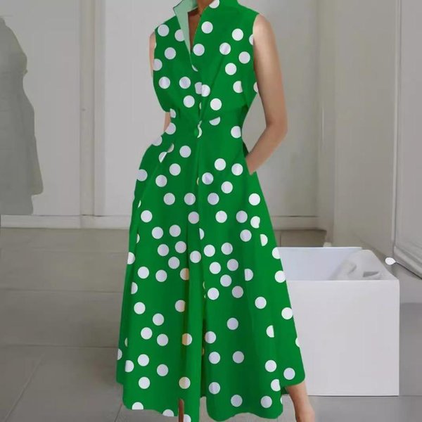 Letnia Koszula Na Co Dzień Bez RęKawóW Sukienka Damska Moda Polka Nadruk W Kropki Dekolt W Serek Elegancka, DłUga Sukienka Damska Guzik W KształCie Litery A Sukienki W DużYch Rozmiarach 156 4XL Gray-image