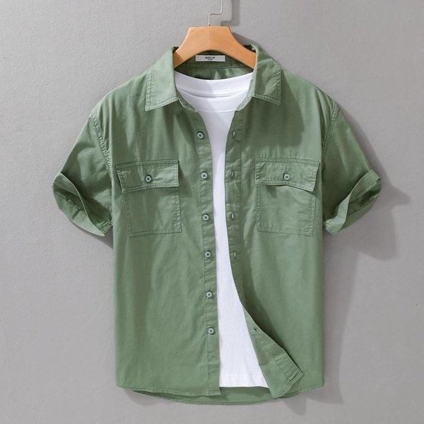 Camisas De Verano Para Hombre Estilo JaponéS Camisa Cargo De Manga Corta Doble Bolsillo Ropa De Trabajo Tops Para Hombre AlgodóN Puro Camisas Casuales XL Verde-image