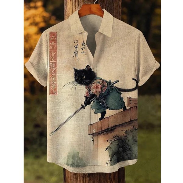 Camisa Hawaiana Estilo JaponéS Gato SamuráI ImpresióN 3D Hombres Mujeres Moda De Manga Corta Blusa De Un Solo BotóN Ropa Para Hombres L Beige-image