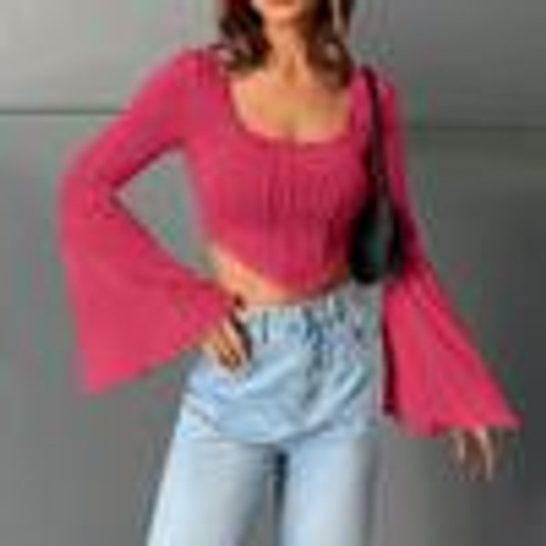 Camiseta Corta Sexy De Manga Larga Acampanada Con Cuello En U Y Color Liso Para Mujer XXL Pink-image