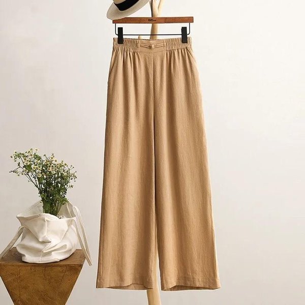 Pantalones Largos Holgados Casuales De Moda Para Mujer Pierna Ancha Cintura EláStica AlgodóN Lino Acampanados Pantalones De Yoga Talla Grande XL Beige-image
