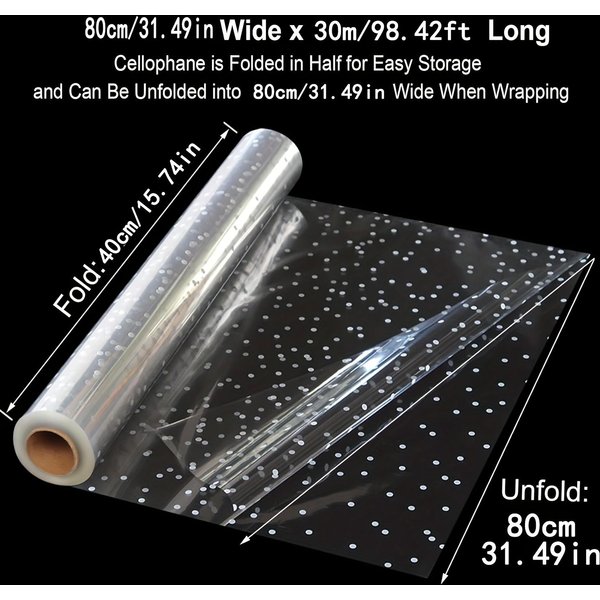1 Rollo De CelofáN Transparente Con Lunares Blancos De 31,49 Pulgadas X 98,42 Pies, Rollos De CelofáN Transparente, Bolsas De CelofáN Transparentes De Gran TamañO 80Cm*30M/31.49In*98.42Ft-image