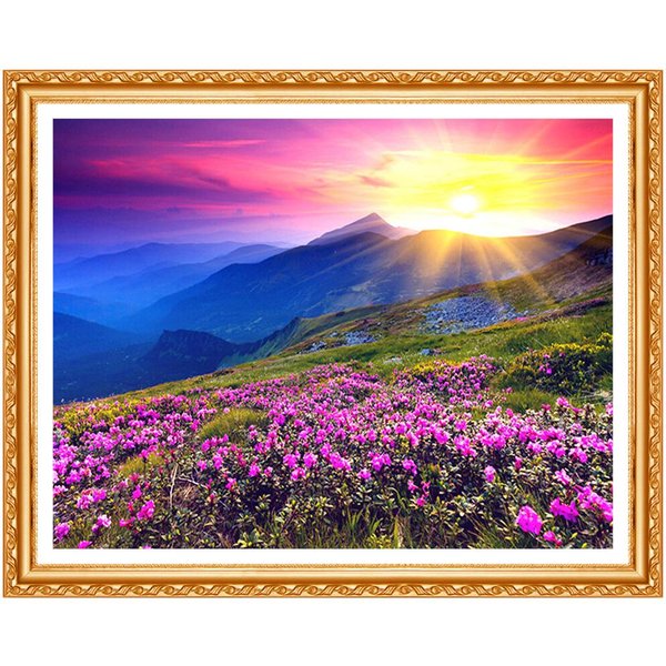 Bricolaje Bordado De Diamantes 5D Paisaje PatróN De Flor PúRpura Y Amanecer Pintura PedreríA Diamante 20X30CM Blue-image