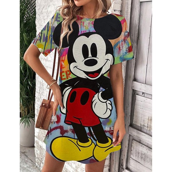 Damska Sukienka OkrąGłY Dekolt KróTki RęKaw Seksowna Z Nadrukiem Myszki Miki Disney 4XL-image