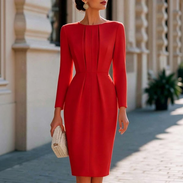 Vestido Midi Plisado De Manga Larga Con Cuello Redondo Y Cintura Entallada Para Mujer L Red-image