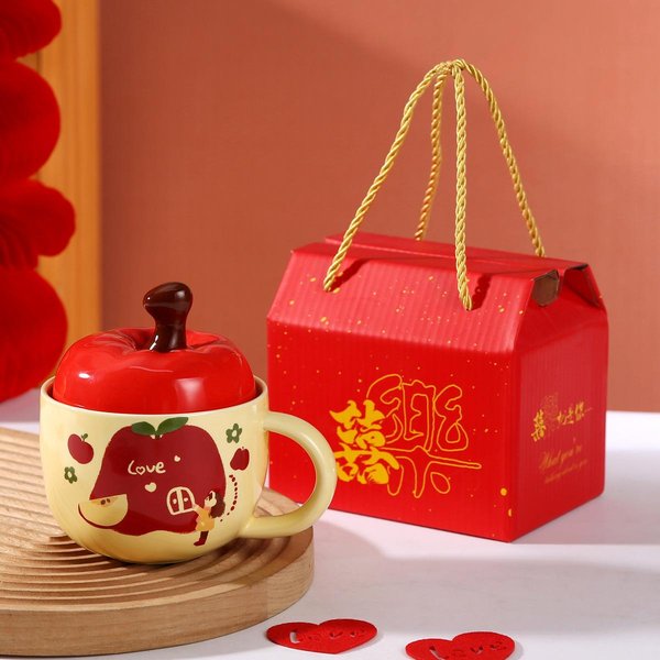 Wysoko WygląDająCy Uroczy Ceramiczny Kubek JabłKowy Dla DziewcząT PamiąTkowy Kubek Do Kawy Kubek Do Wody Personalizowany Kreatywny Kubek Z Pokrywką 360Ml-image