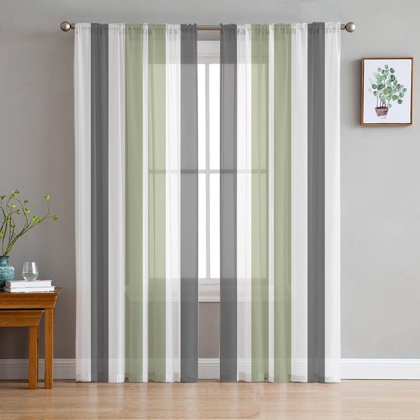 Cortinas Semitransparentes De Rayas Verde GrisáCeo Para DecoracióN De SalóN, Cortinas De Ventana Para Cocina, Cortinas De Tul Voile Organza W135 X H115Cm X1-image