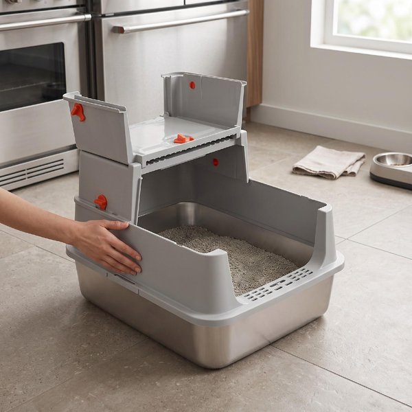 Bandeja De Arena Para Gatos De Acero Inoxidable, Caja De Arena MetáLica Cerrada Para Gatos, Control De Olores, Bandeja Anti Salpicaduras Con Pala-image