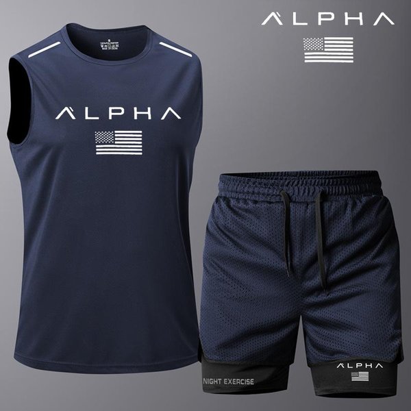 Nuevo Conjunto Deportivo De Dos Piezas Para Hombre Sin Mangas + Pantalones Cortos Gimnasio Moda Casual Hombres Mujeres Conjunto Deportivo De Dos Piezas M Blue-image