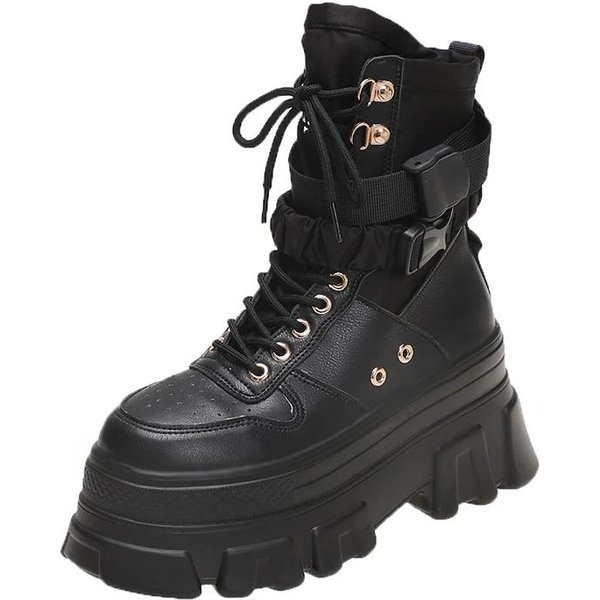 Zapatos De Mujer Botines De Mujer Plataforma Botas Modernas Mujer Punta Redonda Cordones Delanteros Tacones Altos Zapatos Con Hebilla De CinturóN Mujer 39 Negro-image