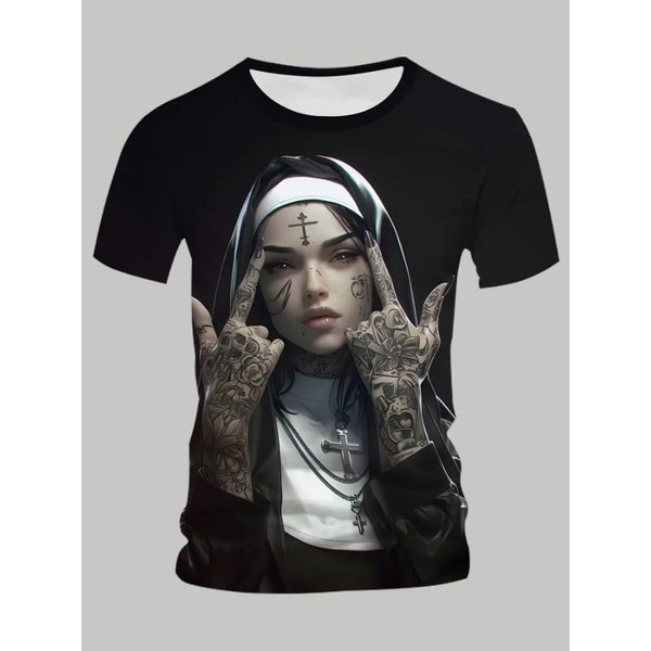 Camiseta De Verano Tatuaje Monja Camiseta Con Estampado Para Hombre Casual Cuello Redondo Manga Corta Estilo GóTico Top CóModo Ligero 3XL Black-image